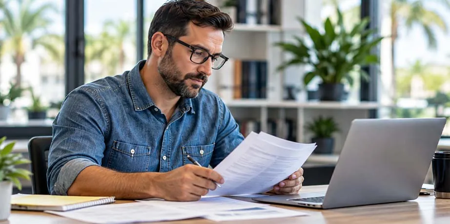Business owner reviewing financial records beside a laptop.