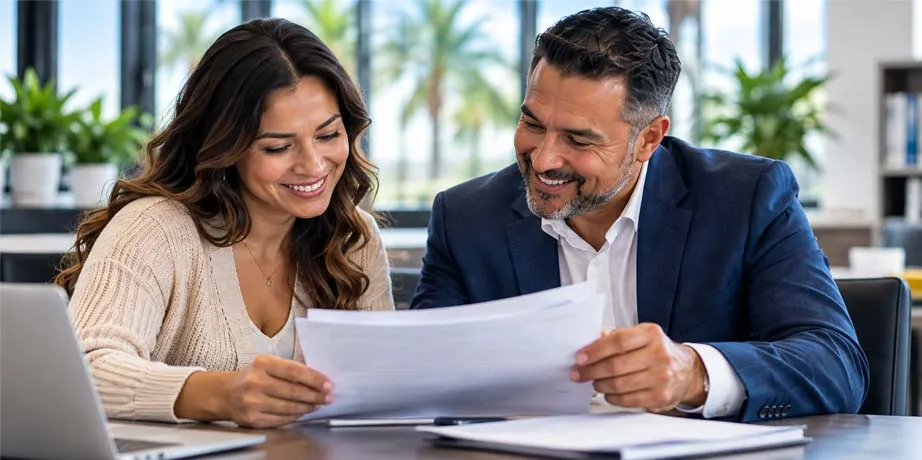 Tax professional reviewing paperwork with a client.
