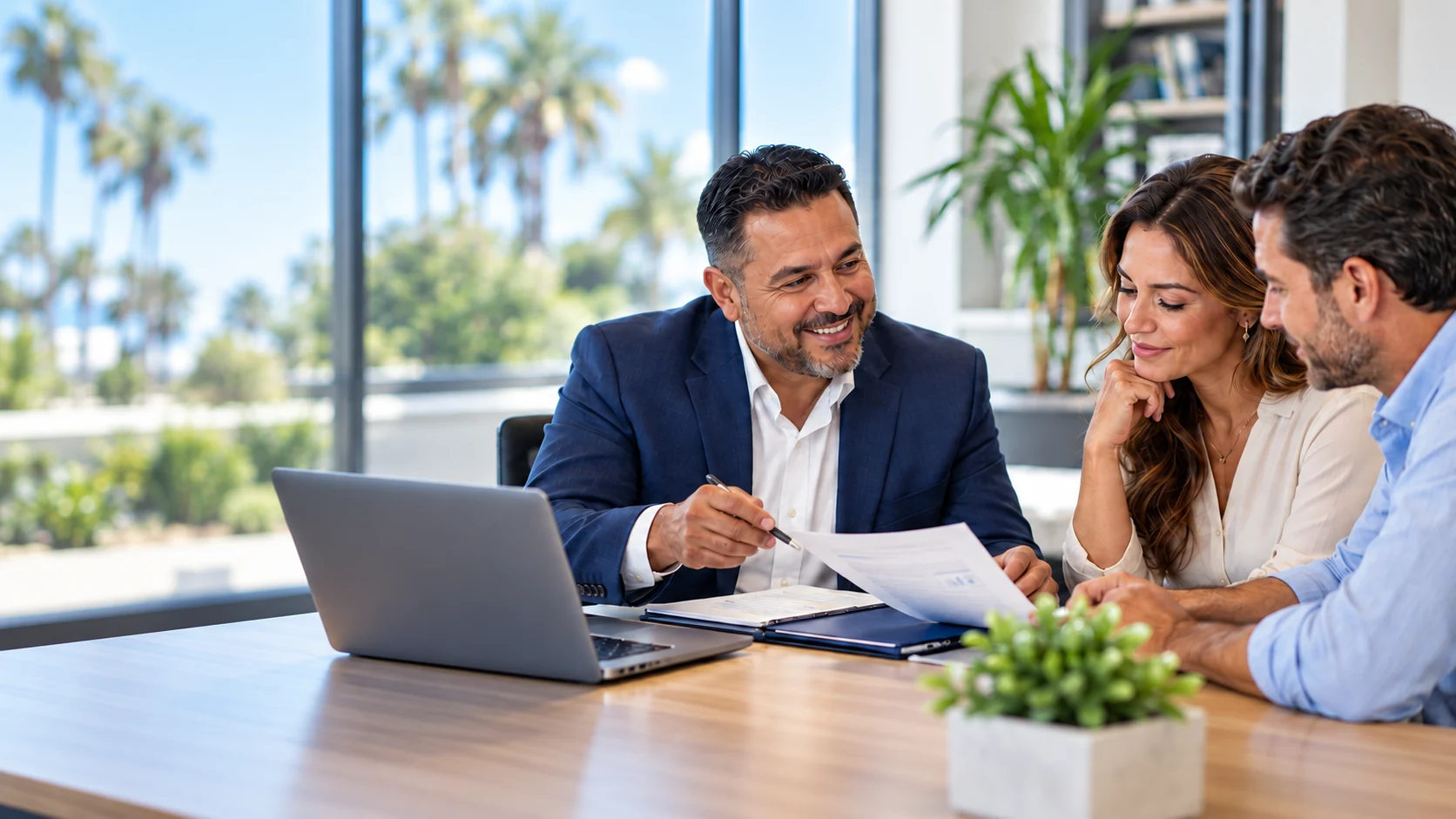 Tax professional reviewing paperwork with two clients.